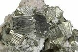 Gleaming Cubic Pyrite Crystals on Rhodochrosite and Quartz - Peru #382037-1